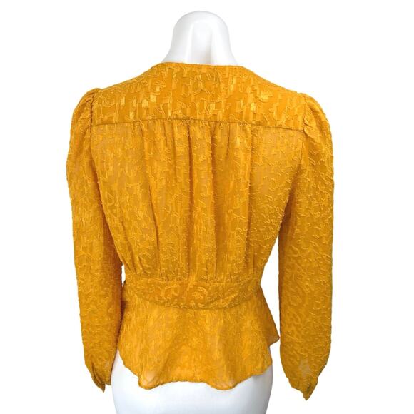 French Connection Brenna Yellow Long Puff Sleeve V-Neck Peplum Blouse Top Size 8 - Picture 2 of 5